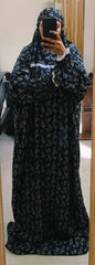 Rayon Prayer Dress in [Black  with lace detailing on sleeves and front. Free size, 34" width, 75" height. Soft, breathable fabric for a serene prayer experience