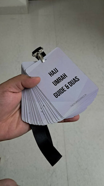 Hajj Guide and Dua Cards featuring essential supplications for Hajj and Umrah, complete with a convenient lanyard for easy access, a portable and durable guide for pilgrims to keep prayers close during their spiritual journey.
