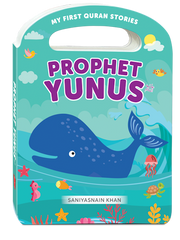 Cover image of a children's board book titled 'Prophet Yunus.' The illustration shows an ocean with a large, friendly-looking whale. The title is written in colorful, playful letters at the top.