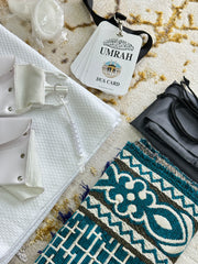 Complete Umrah Kit – Cotton Ihram with Belt, Janemaz, Soap, Shoe Bag, 7-Bead Tasbih & Sunnah-Based Dua Card