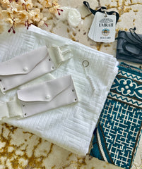Complete Umrah Kit – Towel Ihram with Belt, Janemaz, Soap, Shoe Bag & Umrah Dua Card(based on sunnah)