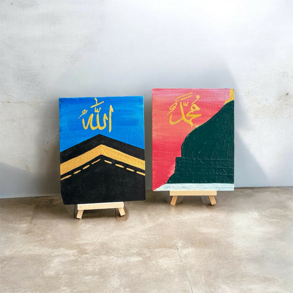 Tahajjud at Mecca & Maghrib at Medina – Set of 2 Islamic Canvas Paintings with Kaaba & Masjid Nabawi Calligraphy