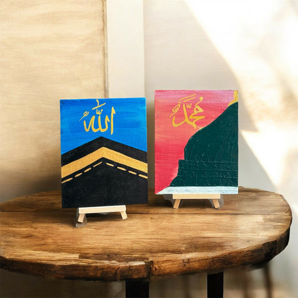 Tahajjud at Mecca & Maghrib at Medina – Set of 2 Islamic Canvas Paintings with Kaaba & Masjid Nabawi Calligraphy