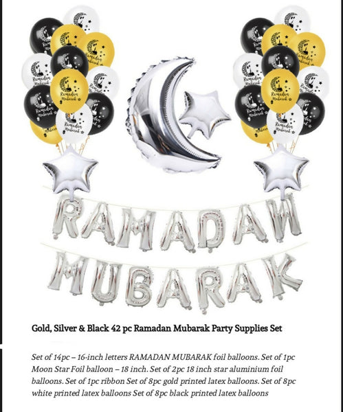 Gold, Silver & Black 42 pc Ramadan Mubarak Party Supplies Set.
