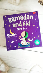 A festive gift box featuring four vibrantly illustrated board books celebrating the spirit of Ramadan and Eid