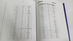 Open book with tables and text on a white background