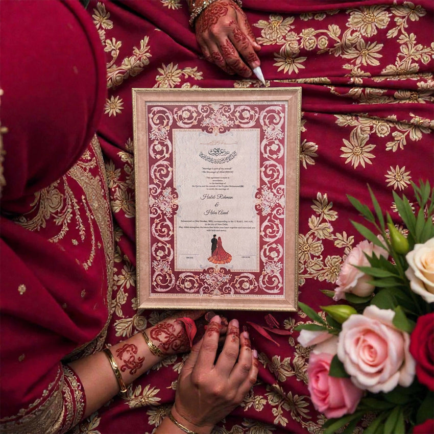 Luxury A3 Pink Nikahnama Frame with Carved Gold Frame – Elegant Islamic Wedding Gift, Islamic Marriage Certificate Display, Premium Wedding Decor