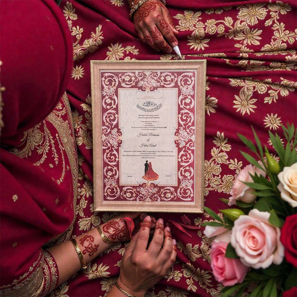 Luxury A3 Pink Nikahnama Frame with Carved Gold Frame – Elegant Islamic Wedding Gift, Islamic Marriage Certificate Display, Premium Wedding Decor