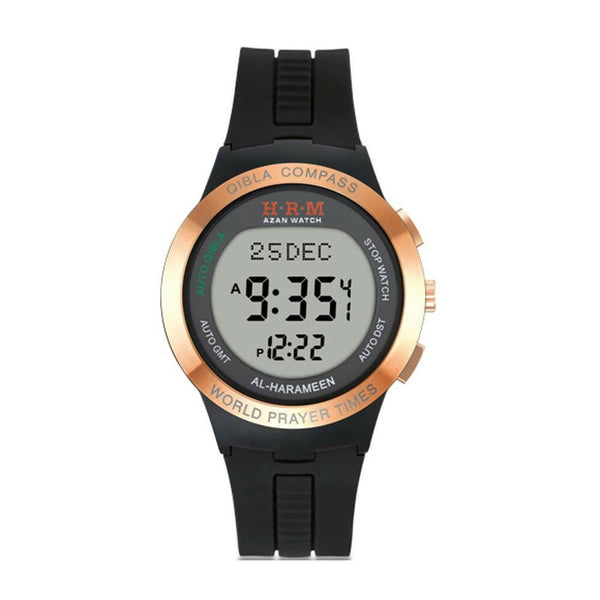The Azan Watch (HA-6508 GW) blends elegance and functionality with its gold-colored bezel, digital display, and black strap. It shows time, date, and prayer times, and includes a Qibla direction indicator for accurate prayer scheduling.