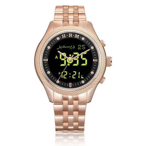 Azan Watch (HA-6105 FRB) with a stainless steel rose gold case, featuring a dual display with both analog and digital time, and a luminous screen for easy readability. The watch includes additional functionalities such as Azan times for Indian cities, Qibla direction, and Hijri and Gregorian calendars.