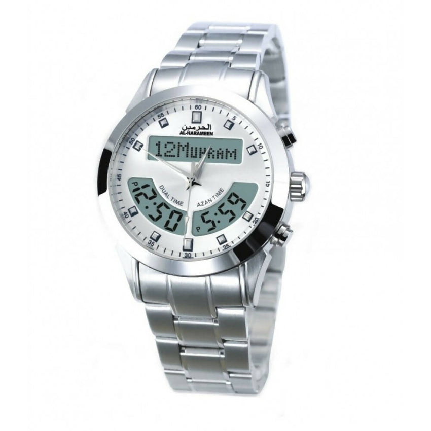 Azan Watch (HA-6102 SW) featuring dual time display with analog and digital readouts, a silver white stainless steel case, and functionalities including date display, Azan time for various cities, Qibla direction, and Hijri and Gregorian calendars.