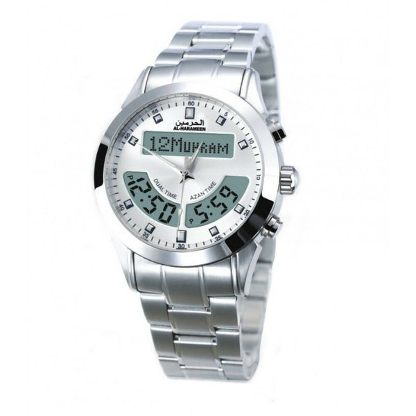 Azan Watch (HA-6102 SW) featuring dual time display with analog and digital readouts, a silver white stainless steel case, and functionalities including date display, Azan time for various cities, Qibla direction, and Hijri and Gregorian calendars.