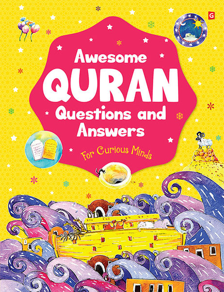 Cover of 'Awesome Quran Questions and Answers' featuring vibrant illustrations of children and Quranic motifs.