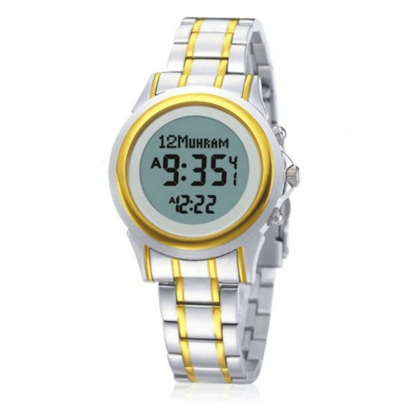 Close-up of the Azan Watch (HA-6381 SG) showcasing its elegant steel and gold-plated case, gold dial, and dual analog-digital display. The watch features include Hijri and Gregorian calendars, Qibla direction, and precise Azan times for cities across India. It also highlights the water-resistant design and additional functionalities like an alarm clock and date display.