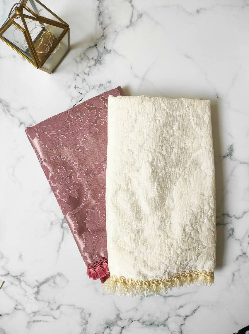 Firdaūs Luxury Prayer Mat in Jacquard Cotton, handcrafted in Turkey, measuring approximately 49x29 inches. Available in two elegant colors, featuring a luxurious texture and intricate design for a royal prayer experience.