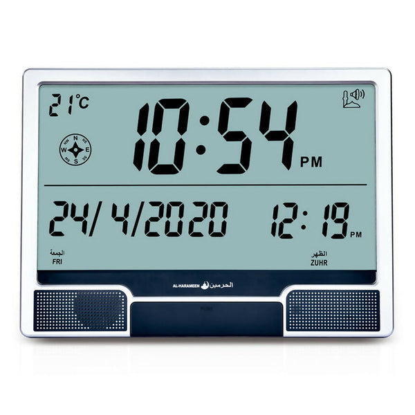 Al-Harameen Mosque Azan Clock HA-4001 with digital LCD display showing prayer times, date, temperature, and Qibla direction. Features complete Azan for all prayers with adjustable volume control.