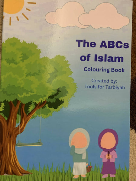 Cover of the ABCs of Islam Colouring Book. The cover features an illustration of two children in hijabs standing under a tree with a swing. The title "The ABCs of Islam Colouring Book" and the creator "Tools for Tarbiyah" are displayed.