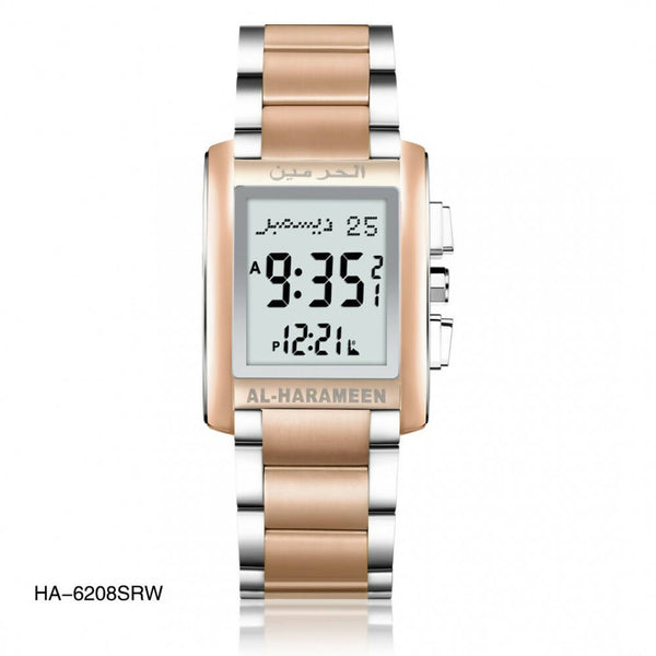 Azan Watch (HA-6208 SRW) featuring a stylish dual-color dial with both analog and digital displays, housed in a durable stainless steel case. The watch supports dual languages (English and Arabic), shows accurate Azan times for cities in India, includes Qibla direction, and features both Hijri and Gregorian calendars. It is waterproof, equipped with an alarm function, and comes with a Quran bookmark, making it a practical and spiritual accessory.