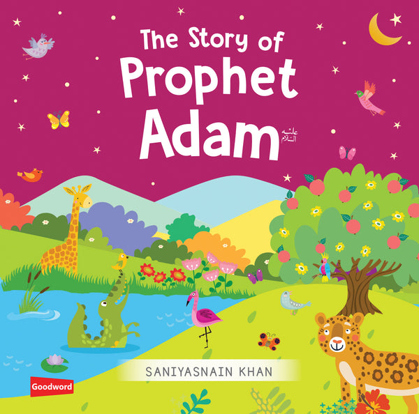 Cover of the story of Prophet Adam, featuring a colorful illustration of Adam in a lush garden.