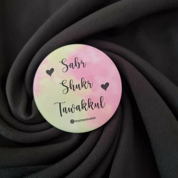A set of Islamic badges featuring vibrant colors and intricate designs, each displaying meaningful Dawah messages. The badges are ideal for pinning on bags, backpacks, or pouches, offering a stylish way to express faith and share Islamic values on the go.