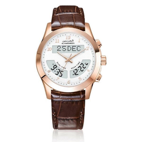 Azan Watch (HA-6100 FRWL) featuring a dual time display with both digital and analog readouts, a stainless steel case with a rose gold finish, a brown leather strap, and functionalities including date display, Azan time for various cities, and Qibla direction.