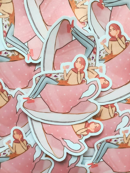 Chai is Love Vinyl Die-Cut Sticker featuring a girly design, perfect for hijabis. The sticker is 3x3 inches, made from premium vinyl, and is waterproof, tear-resistant, and scratch-proof. Ideal for decorating laptops, gadgets, and notebooks.