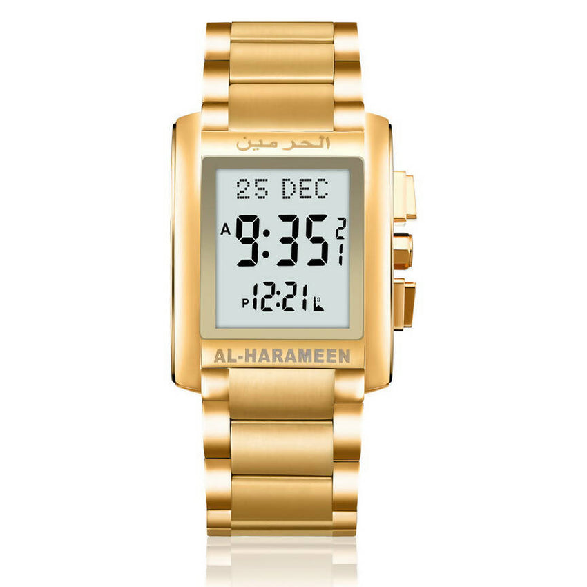 Azan Watch (HA-6210 FGW) featuring both analog and digital time displays, gold dial, stainless steel case, with Hijri and Gregorian calendars, Azan times for cities in India, Qibla direction, waterproof design, and alarm clock function, accompanied by a Quran bookmark.