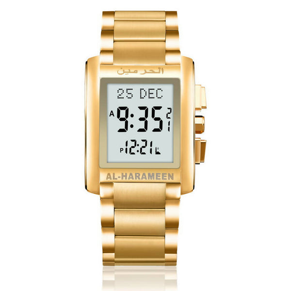 Azan Watch (HA-6210 FGW) featuring both analog and digital time displays, gold dial, stainless steel case, with Hijri and Gregorian calendars, Azan times for cities in India, Qibla direction, waterproof design, and alarm clock function, accompanied by a Quran bookmark.