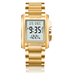 Azan Watch (HA-6210 FGW) featuring both analog and digital time displays, gold dial, stainless steel case, with Hijri and Gregorian calendars, Azan times for cities in India, Qibla direction, waterproof design, and alarm clock function, accompanied by a Quran bookmark.