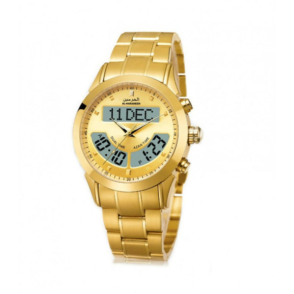 Azan Watch (HA-6102 FG) featuring a dual time display with both analog and digital readouts, a luxurious gold-plated stainless steel case, and a matching gold-plated bracelet. This watch includes functionalities such as date display, Azan times for various cities, Qibla direction, Hijri and Gregorian calendars, and a built-in alarm. Ideal for modern Muslims seeking a blend of elegance and practicality.