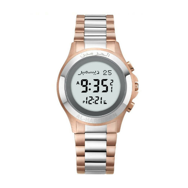 Azan Watch (HA-6372 CW) with a stylish dual-tone stainless steel strap in rose gold and silver, featuring a round digital display that shows time, date, and prayer times in Arabic. This elegant timepiece also includes functions like Qibla direction and is perfect for daily Islamic use.