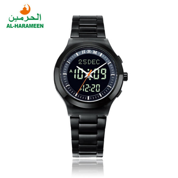 Azan Watch (HA-6106 B) with a stainless steel black case, featuring dual display with both analog and digital time, and a luminous screen. The watch includes functionalities such as Azan times for Indian cities, Qibla direction, and Hijri and Gregorian calendars.