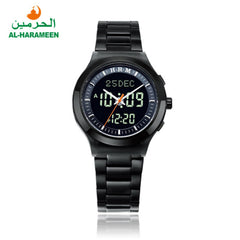 Azan Watch (HA-6106 B) with a stainless steel black case, featuring dual display with both analog and digital time, and a luminous screen. The watch includes functionalities such as Azan times for Indian cities, Qibla direction, and Hijri and Gregorian calendars.