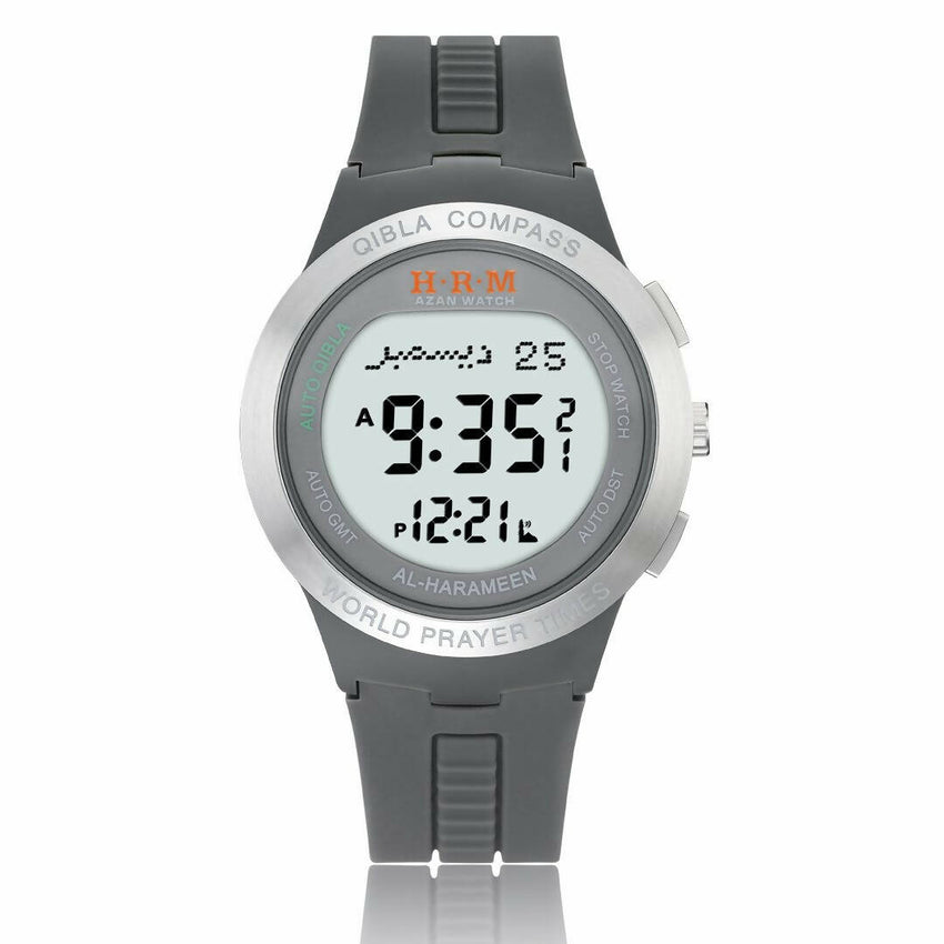Azan Watch (HA-6508 CW) with analog and digital display, dual-language (English & Arabic), Qibla direction, Azan times for Indian cities, Hijri and Gregorian calendars, gold dial, plastic/rubber case, water-resistant, quartz movement, and added Quran bookmark.