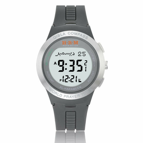 Azan Watch (HA-6508 CW) with analog and digital display, dual-language (English & Arabic), Qibla direction, Azan times for Indian cities, Hijri and Gregorian calendars, gold dial, plastic/rubber case, water-resistant, quartz movement, and added Quran bookmark.
